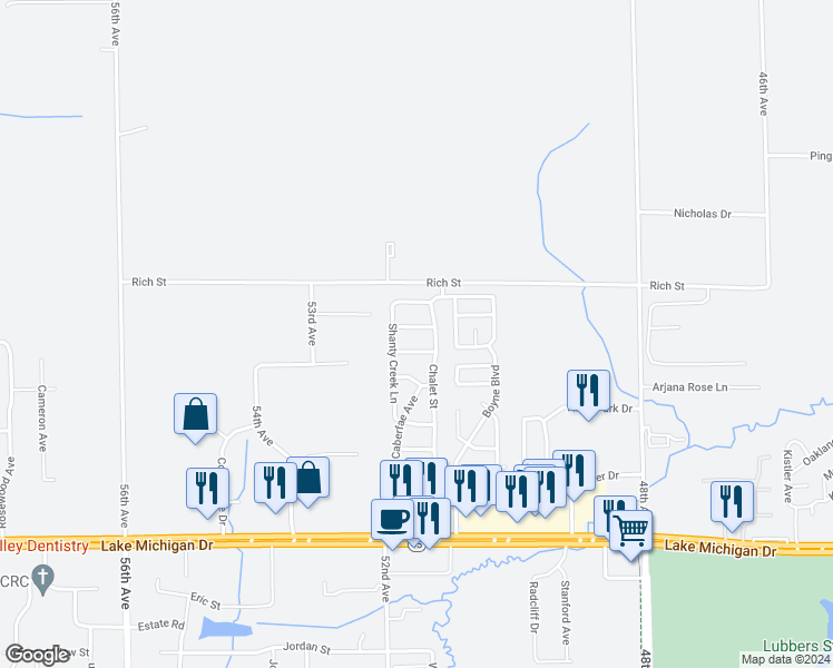 map of restaurants, bars, coffee shops, grocery stores, and more near 5145 Mount Holiday Lane in Allendale Charter Township