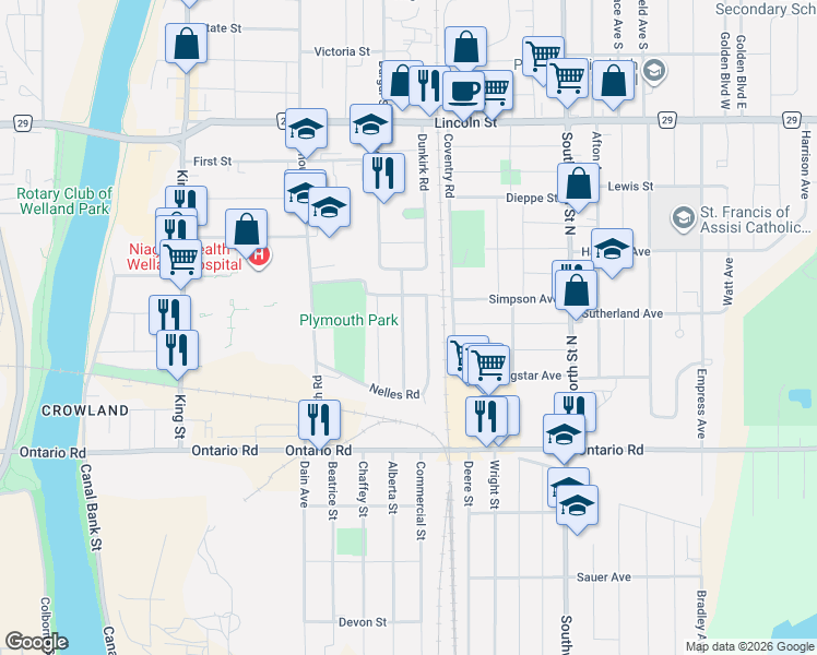 map of restaurants, bars, coffee shops, grocery stores, and more near 29 McNaughton Road in Welland