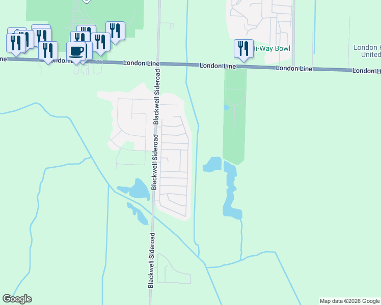 map of restaurants, bars, coffee shops, grocery stores, and more near 5700 Blackwell Sideroad in Sarnia