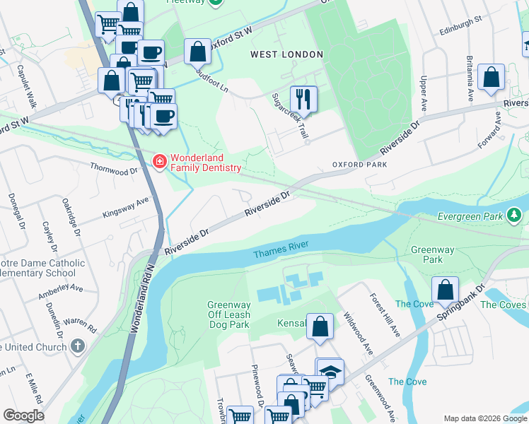 map of restaurants, bars, coffee shops, grocery stores, and more near 422 Riverside Drive in London
