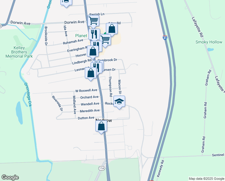map of restaurants, bars, coffee shops, grocery stores, and more near 200 East Roswell Avenue in Nedrow