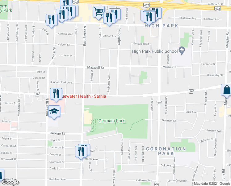 map of restaurants, bars, coffee shops, grocery stores, and more near 790 London Road in Sarnia