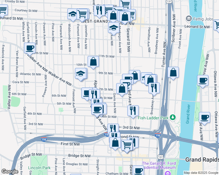 map of restaurants, bars, coffee shops, grocery stores, and more near 715 7th St NW in Grand Rapids