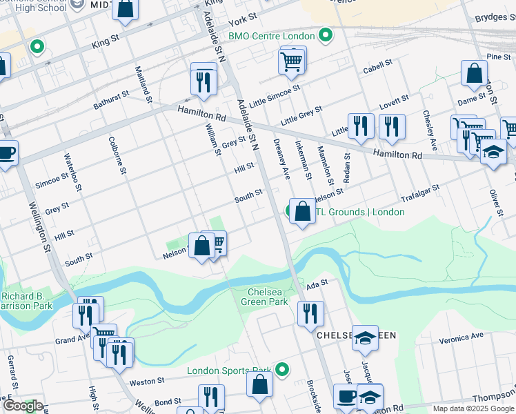 map of restaurants, bars, coffee shops, grocery stores, and more near 1 Webb Street in London