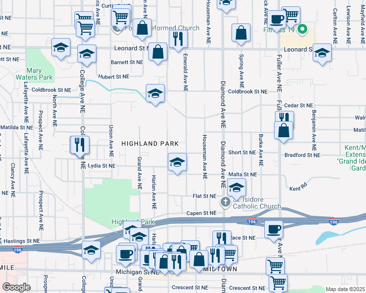 map of restaurants, bars, coffee shops, grocery stores, and more near 861 Emerald Avenue Northeast in Grand Rapids