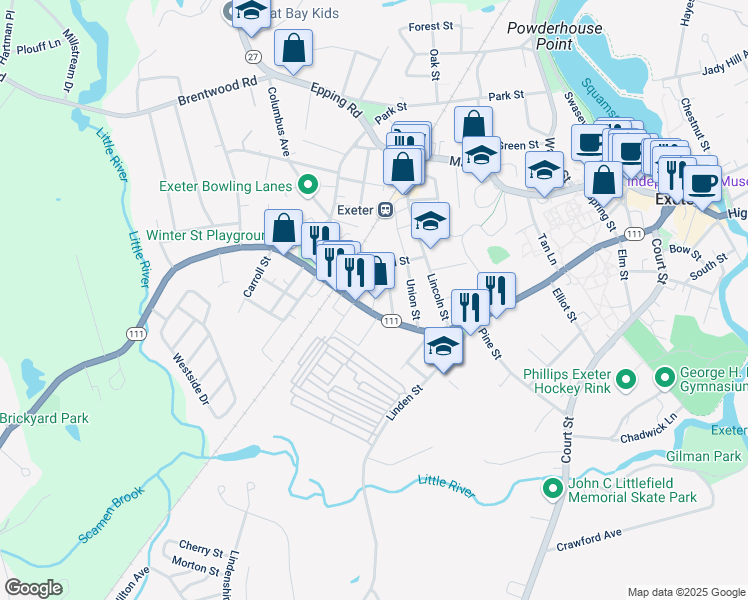 map of restaurants, bars, coffee shops, grocery stores, and more near 129 Front Street in Exeter
