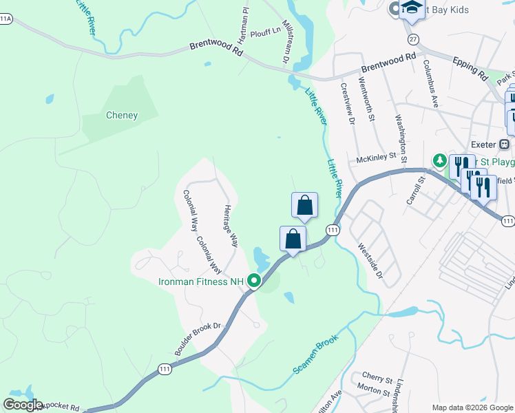 map of restaurants, bars, coffee shops, grocery stores, and more near 11 Heritage Way in Exeter