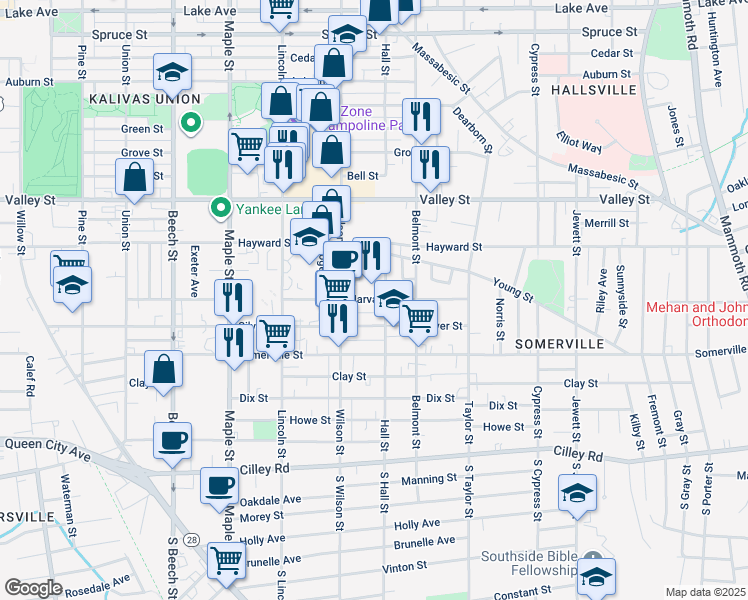 map of restaurants, bars, coffee shops, grocery stores, and more near 182 Hall Street in Manchester