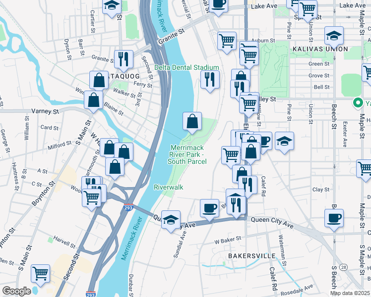 map of restaurants, bars, coffee shops, grocery stores, and more near 141 Riverwalk Way in Manchester