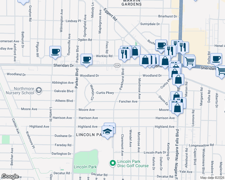 map of restaurants, bars, coffee shops, grocery stores, and more near 72 Curtis Parkway in Buffalo