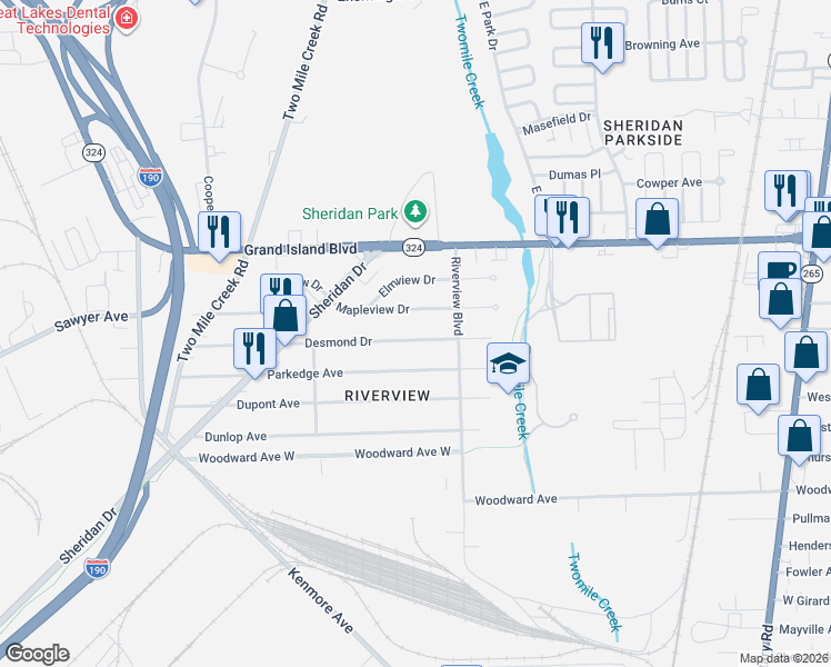 map of restaurants, bars, coffee shops, grocery stores, and more near 316 Desmond Drive in Tonawanda