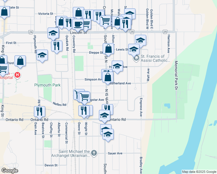 map of restaurants, bars, coffee shops, grocery stores, and more near in Welland