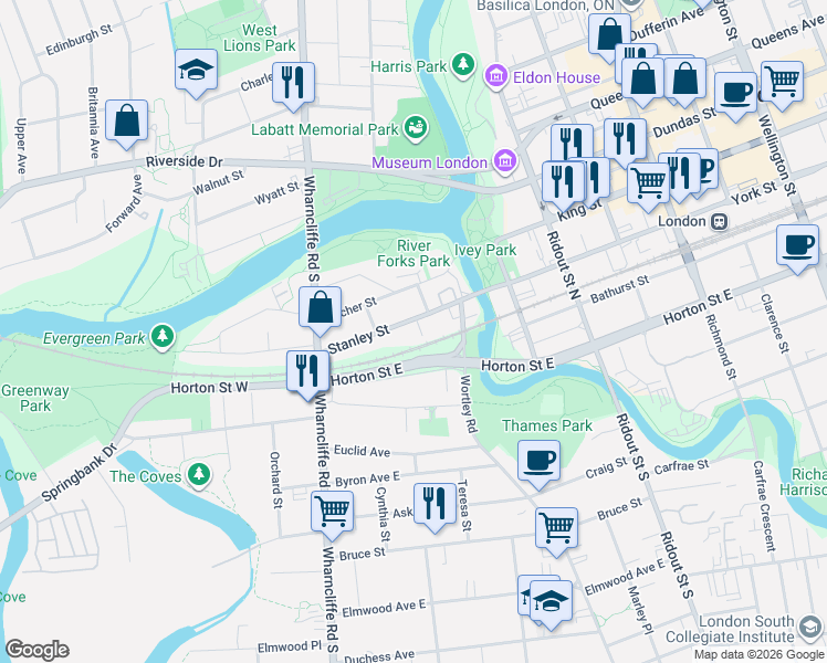 map of restaurants, bars, coffee shops, grocery stores, and more near 42 Stanley Street in London