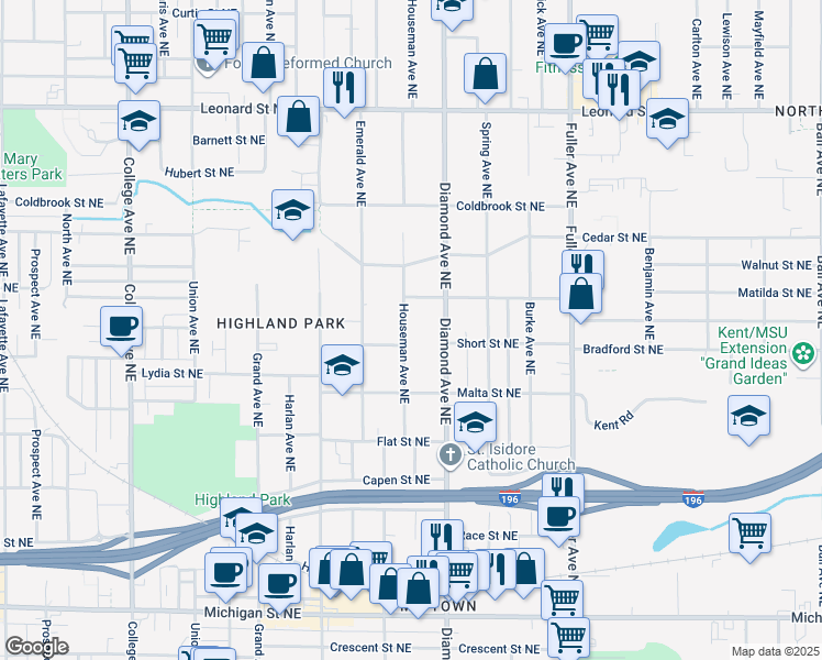 map of restaurants, bars, coffee shops, grocery stores, and more near 850 Houseman Avenue Northeast in Grand Rapids