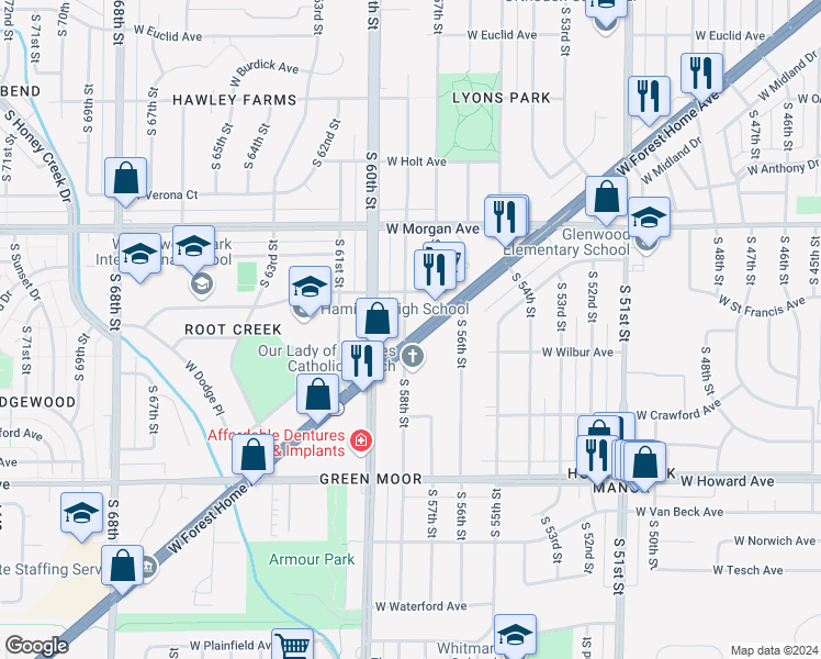 map of restaurants, bars, coffee shops, grocery stores, and more near 3651 South 58th Street in Milwaukee