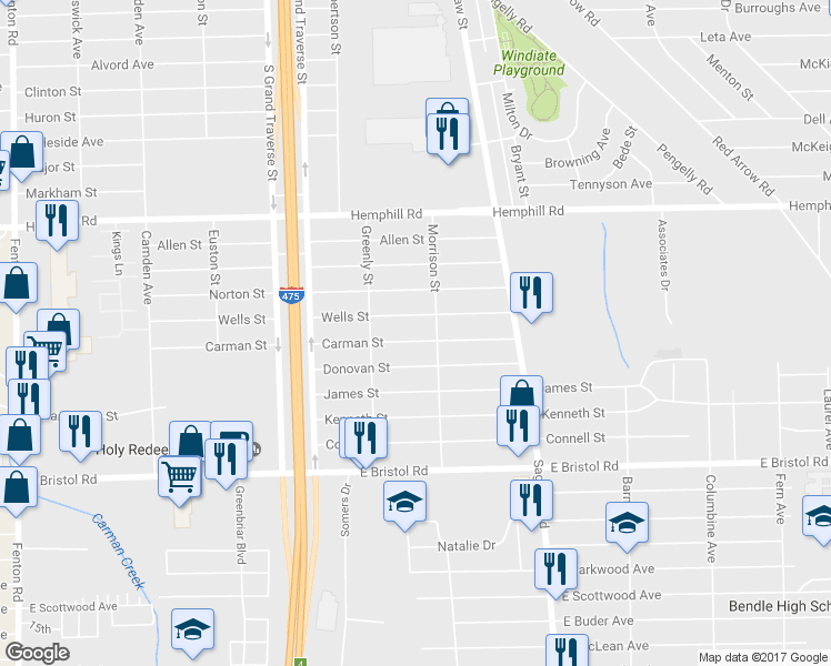 map of restaurants, bars, coffee shops, grocery stores, and more near 1413 Carman Street in Burton