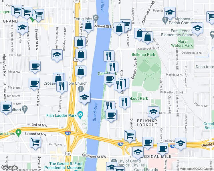 map of restaurants, bars, coffee shops, grocery stores, and more near in Grand Rapids