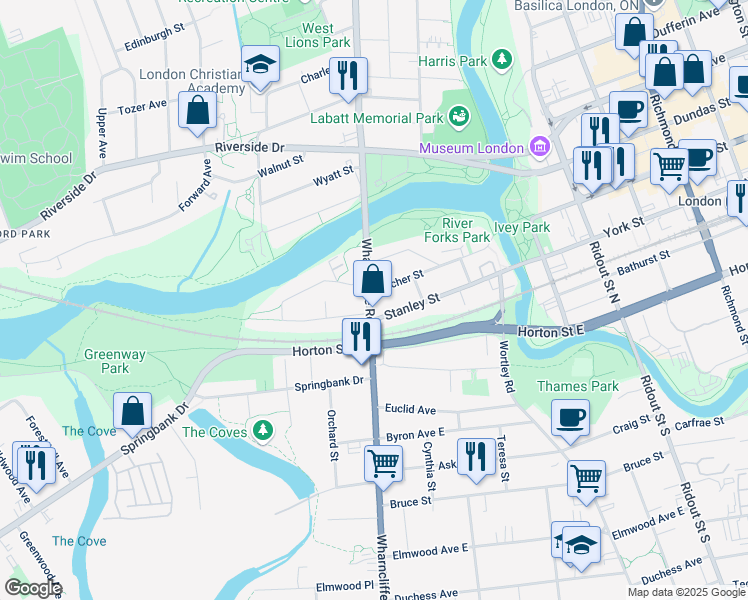 map of restaurants, bars, coffee shops, grocery stores, and more near 34 Wharncliffe Road South in London