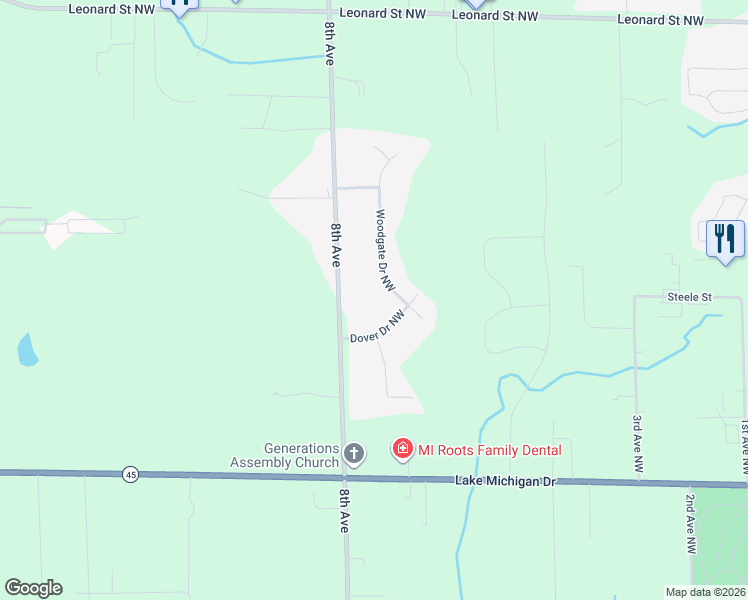 map of restaurants, bars, coffee shops, grocery stores, and more near 11523 Woodgate Drive Northwest in Grand Rapids
