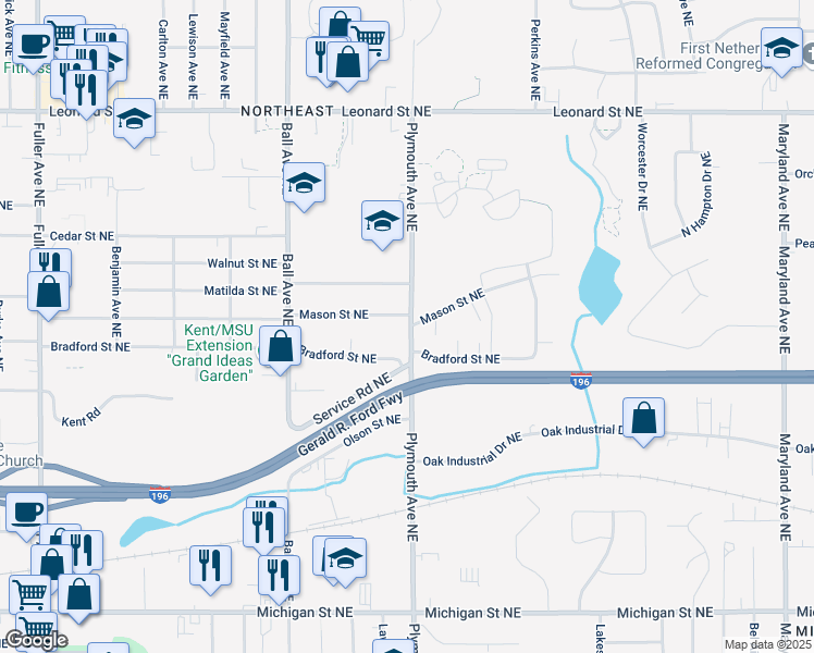 map of restaurants, bars, coffee shops, grocery stores, and more near 851 Plymouth Avenue Northeast in Grand Rapids