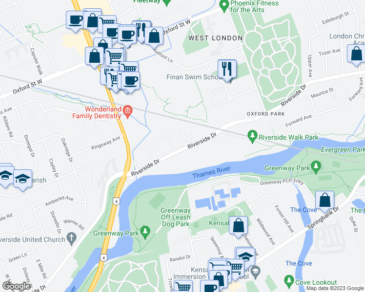 map of restaurants, bars, coffee shops, grocery stores, and more near 455 Riverside Drive in London