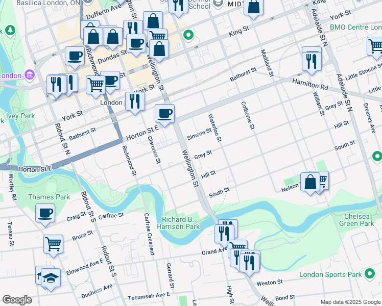 map of restaurants, bars, coffee shops, grocery stores, and more near 178 Wellington Street in London