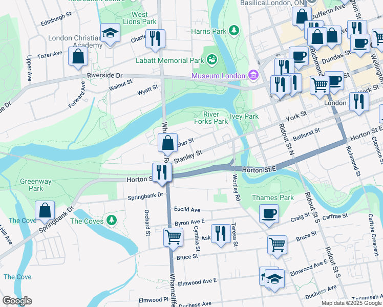 map of restaurants, bars, coffee shops, grocery stores, and more near 69 Stanley Street in London