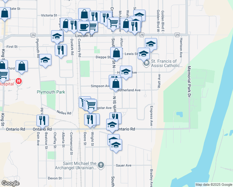 map of restaurants, bars, coffee shops, grocery stores, and more near 127 Southworth Street North in Welland
