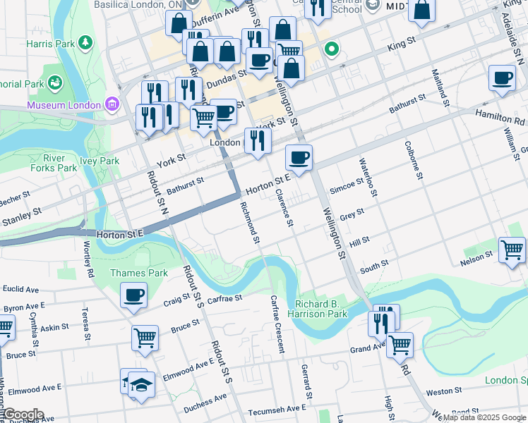 map of restaurants, bars, coffee shops, grocery stores, and more near 184 Simcoe Street in London