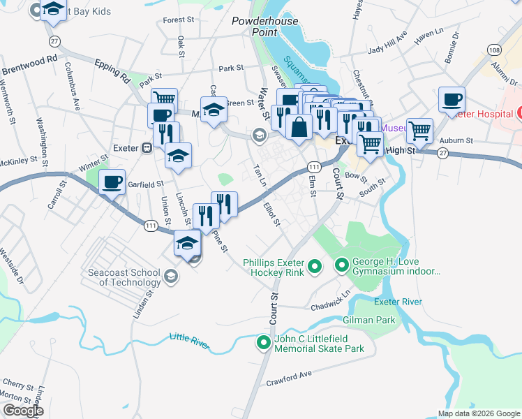 map of restaurants, bars, coffee shops, grocery stores, and more near 9 Elliot Street in Exeter