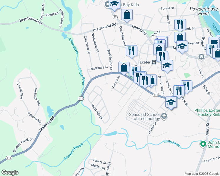 map of restaurants, bars, coffee shops, grocery stores, and more near 27 Carroll Street in Exeter