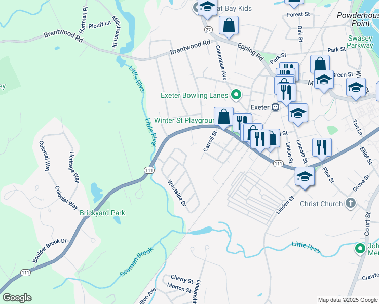 map of restaurants, bars, coffee shops, grocery stores, and more near 72 Westside Drive in Exeter