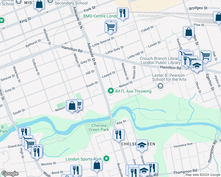 map of restaurants, bars, coffee shops, grocery stores, and more near 65 Dreaney Avenue in London