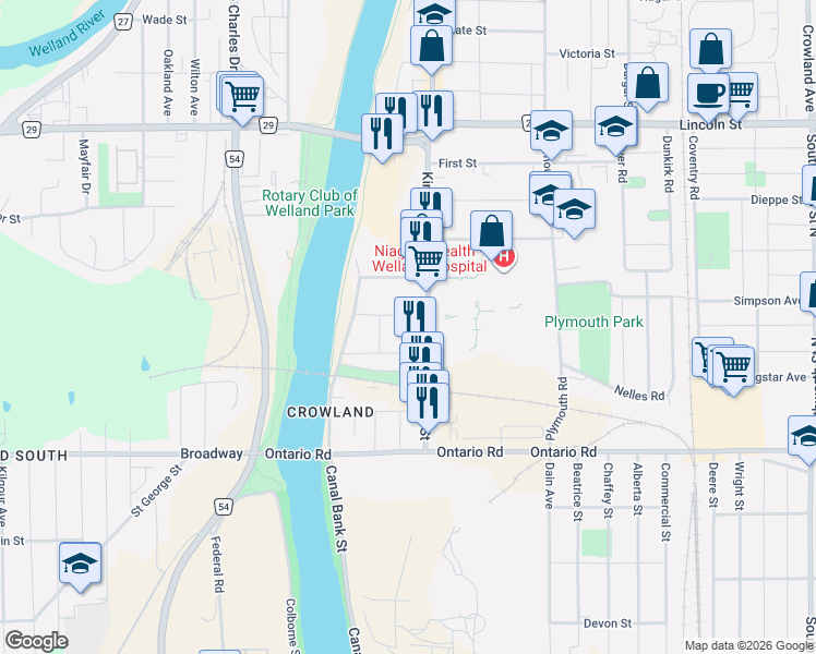 map of restaurants, bars, coffee shops, grocery stores, and more near 21 Fifth Street in Welland