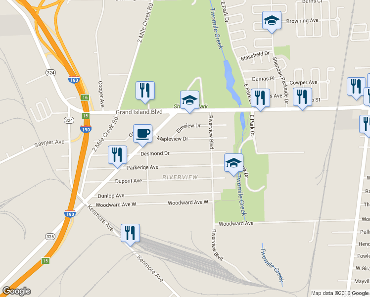map of restaurants, bars, coffee shops, grocery stores, and more near 316 Desmond Drive in Tonawanda