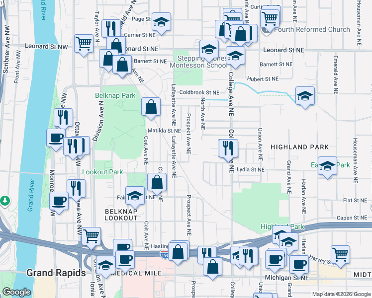 map of restaurants, bars, coffee shops, grocery stores, and more near 814 Prospect Avenue Northeast in Grand Rapids