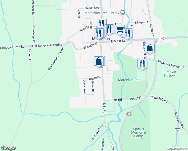 map of restaurants, bars, coffee shops, grocery stores, and more near 1 Wilson Drive in Marcellus