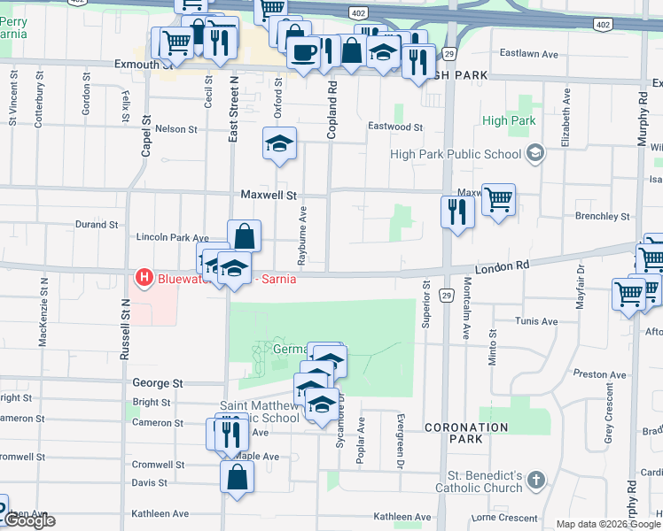 map of restaurants, bars, coffee shops, grocery stores, and more near 800 London Road in Sarnia