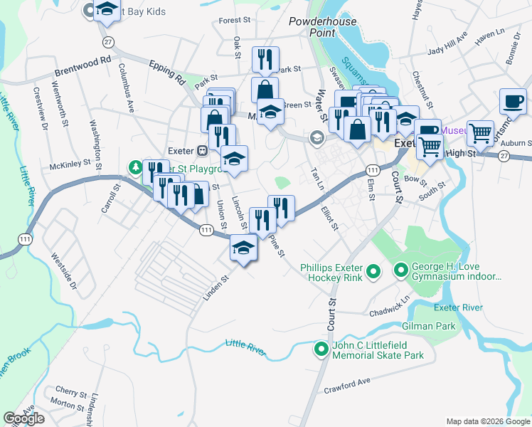 map of restaurants, bars, coffee shops, grocery stores, and more near 89 Front Street in Exeter