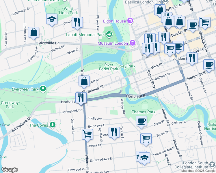 map of restaurants, bars, coffee shops, grocery stores, and more near 46 Stanley Street in London