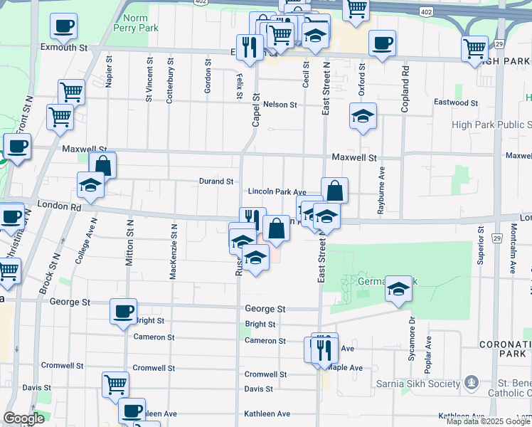 map of restaurants, bars, coffee shops, grocery stores, and more near 102 Watson Street in Sarnia
