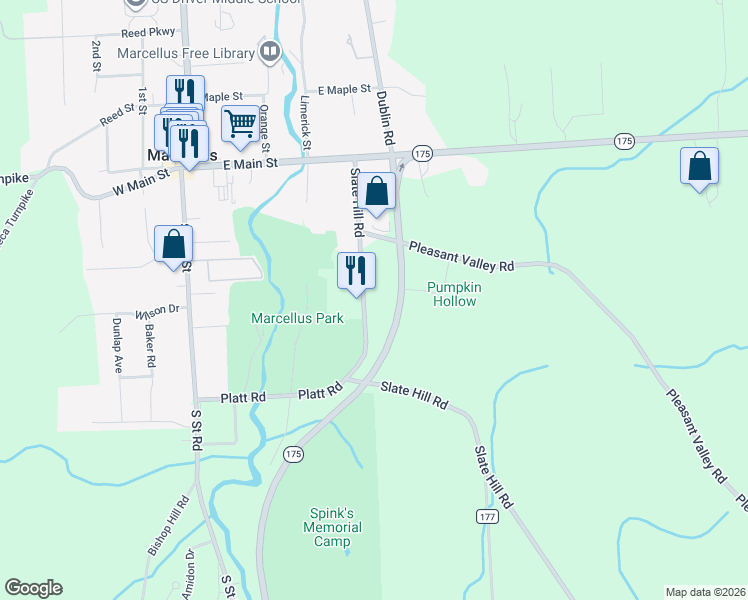 map of restaurants, bars, coffee shops, grocery stores, and more near 4264 Slate Hill Road in Marcellus