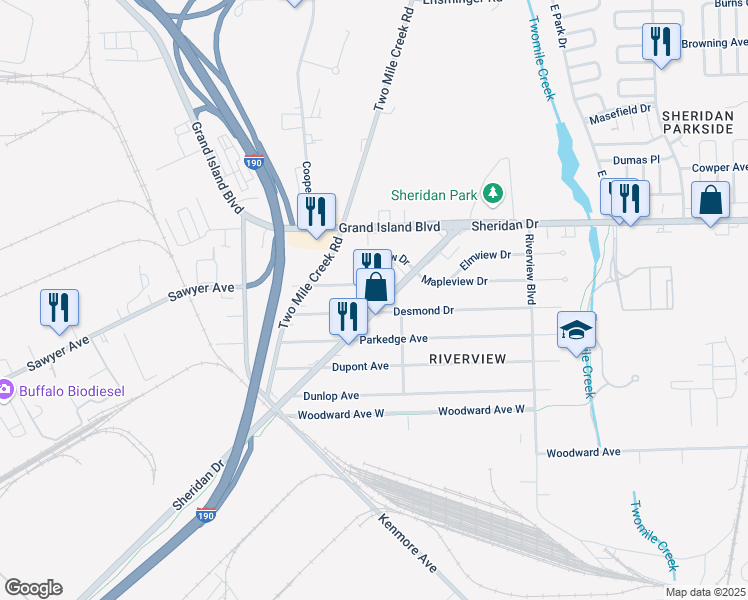 map of restaurants, bars, coffee shops, grocery stores, and more near 734 Sheridan Drive in Tonawanda
