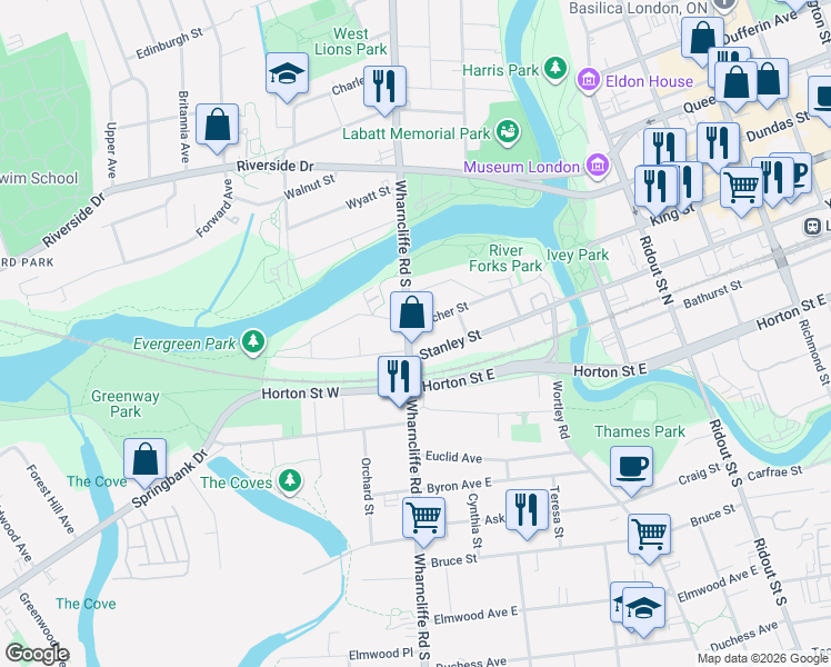 map of restaurants, bars, coffee shops, grocery stores, and more near 34 Wharncliffe Road South in London