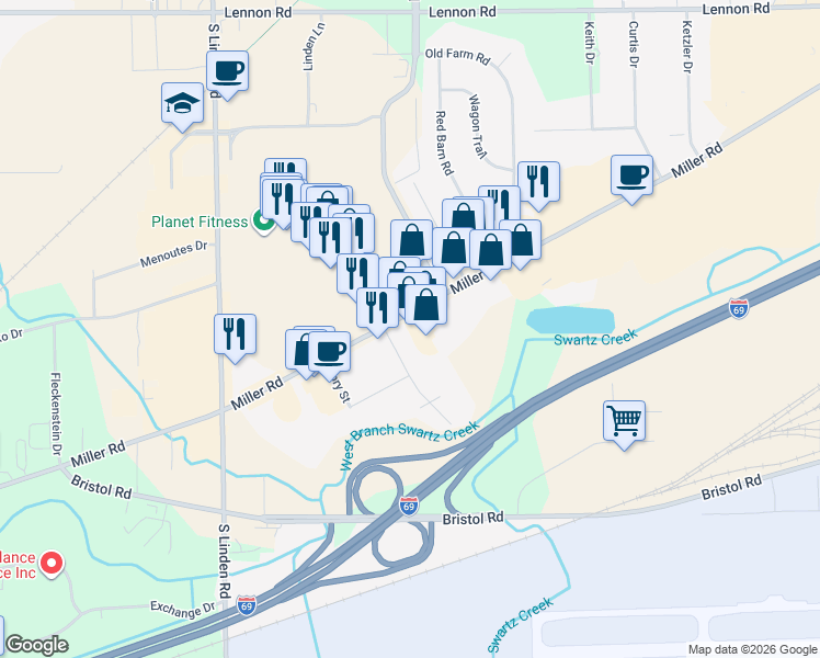 map of restaurants, bars, coffee shops, grocery stores, and more near 4375 Miller Road in Flint