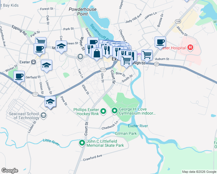 map of restaurants, bars, coffee shops, grocery stores, and more near 40 Court Street in Exeter