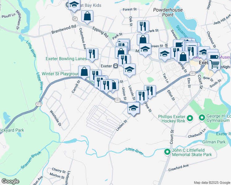 map of restaurants, bars, coffee shops, grocery stores, and more near 129 Front Street in Exeter