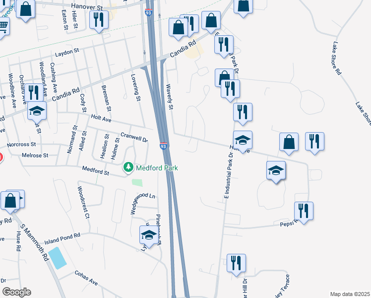 map of restaurants, bars, coffee shops, grocery stores, and more near 571 Holt Avenue in Manchester