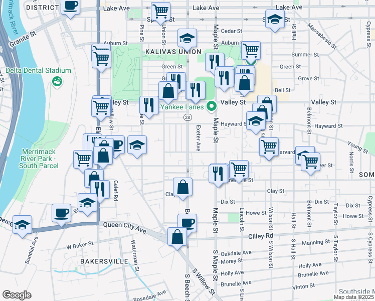 map of restaurants, bars, coffee shops, grocery stores, and more near 150 Beech Street in Manchester