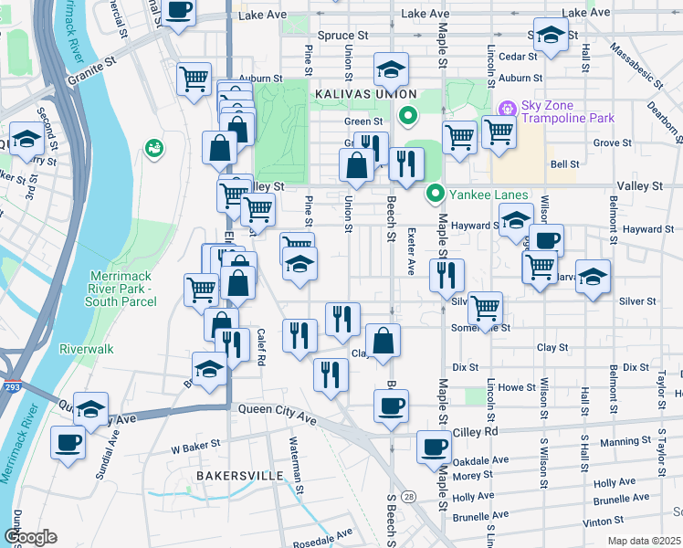 map of restaurants, bars, coffee shops, grocery stores, and more near 160 Silver Street in Manchester